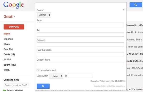 Google Mail-Suchoptionen