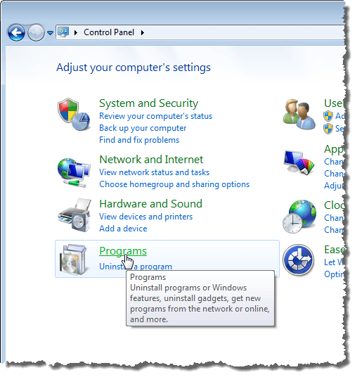 Klicken Sie auf den Link Programme in Windows 7
