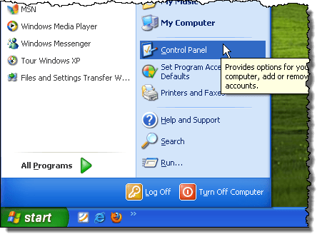 Öffnen der Systemsteuerung in Windows XP