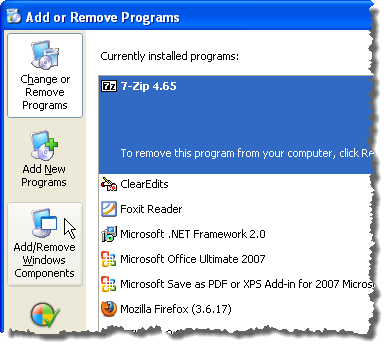 Klicken Sie auf Windows-Komponenten in Windows XP hinzufügen / entfernen