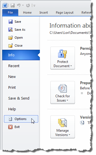 Clicking Options on the File tab in Word 2010