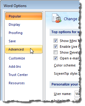 Clicking Advanced on the Word Options dialog box in Word 2007
