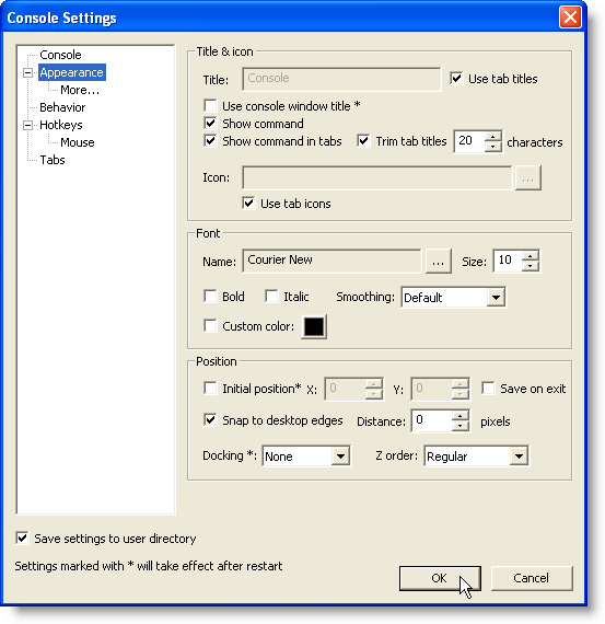 Console Settings dialog box - Appearance screen
