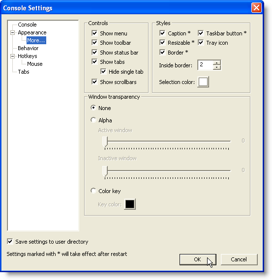 Console Settings dialog box - Appearance - More... screen