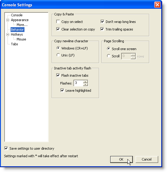 Console Settings dialog box - Behavior screen