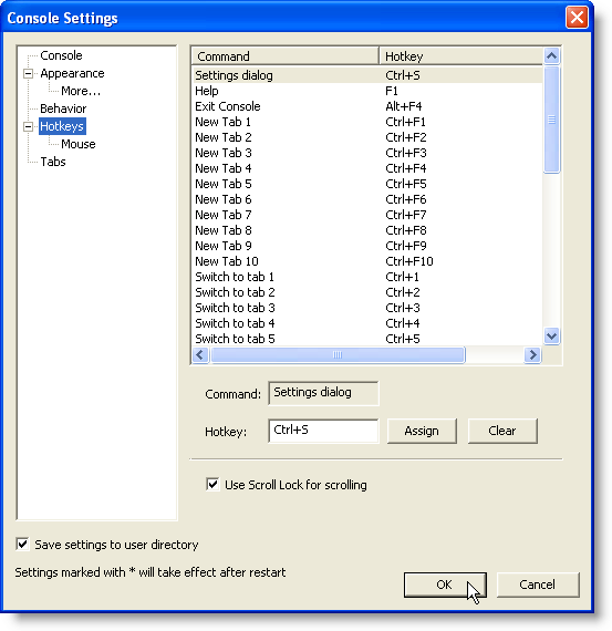 Console Settings dialog box - Hotkeys screen