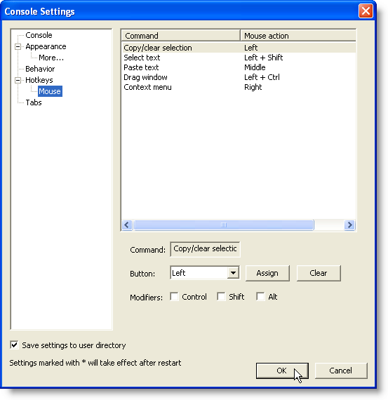 Console Settings dialog box - Mouse screen
