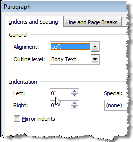 Inches on Indentation in Paragraph dialog box in Word 2007