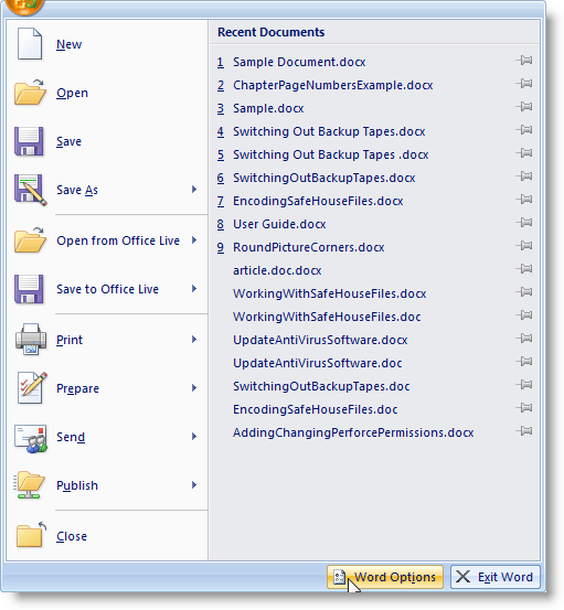 Selecting Word Options in Word 2007