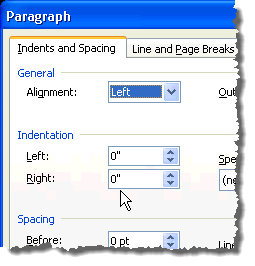Inches on Indentation in Paragraph dialog box in Word 2003