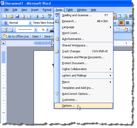 Selecting Options from the Tools menu in Word 2003