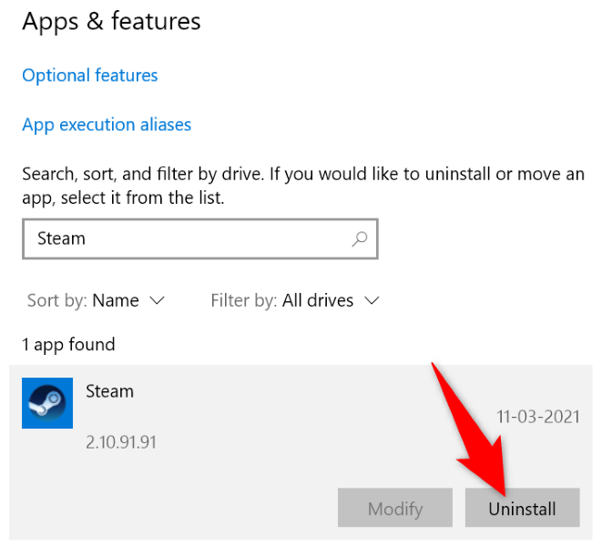 Deinstallation der Steam-App in Windows 10