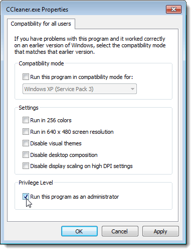 Selecting the Run this program as administrator option