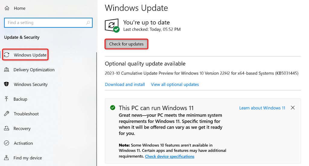 Suche nach Updates in Windows 10