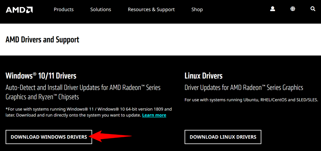 Herunterladen von Windows-Treibern von der AMD-Website